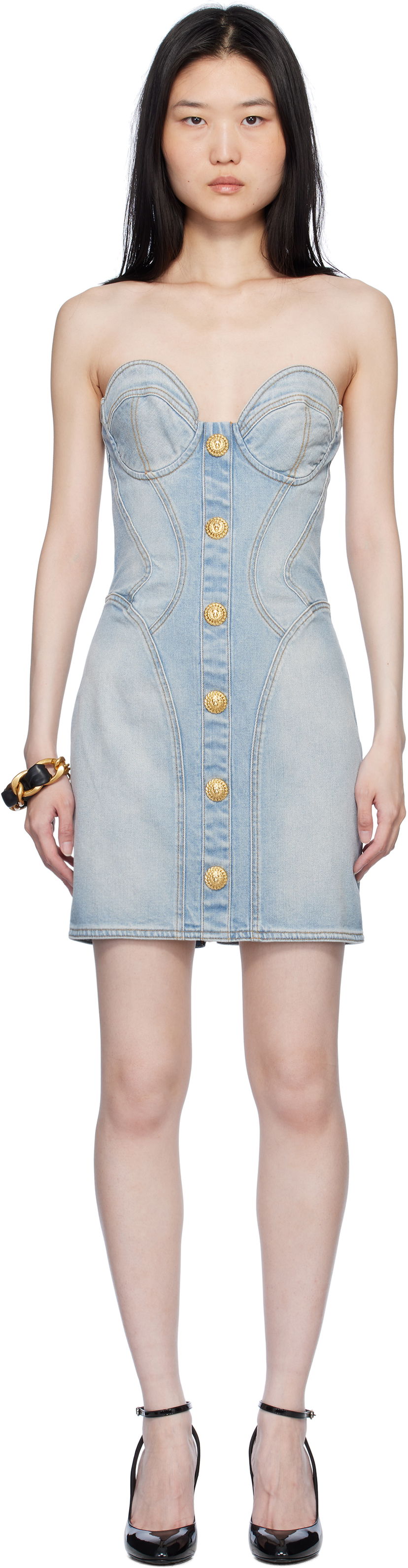 Kjole Balmain Buttoned Denim Minidress Blå | EF1R1315DF23