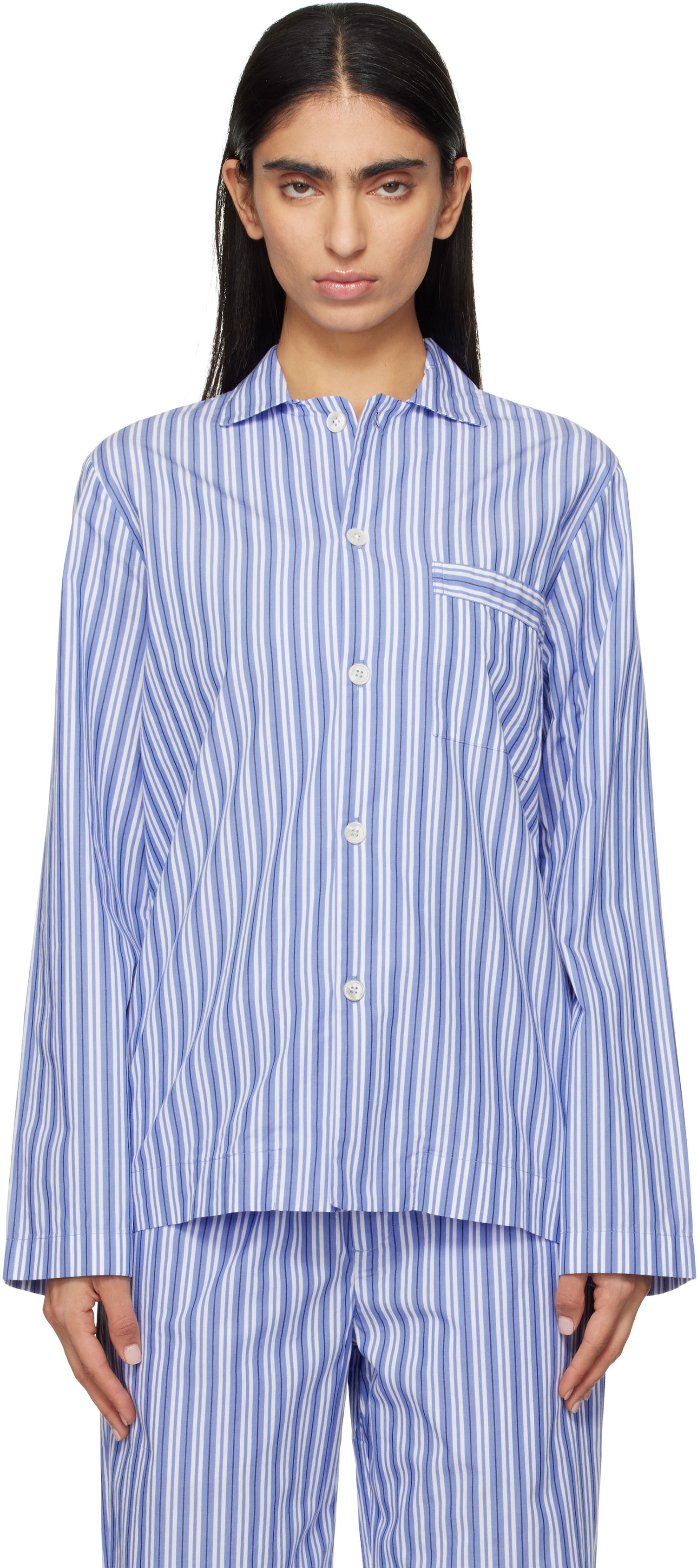 Skjorte TEKLA Striped Poplin Long-Sleeved Pajama Shirt Blå | SWT-PES, 0
