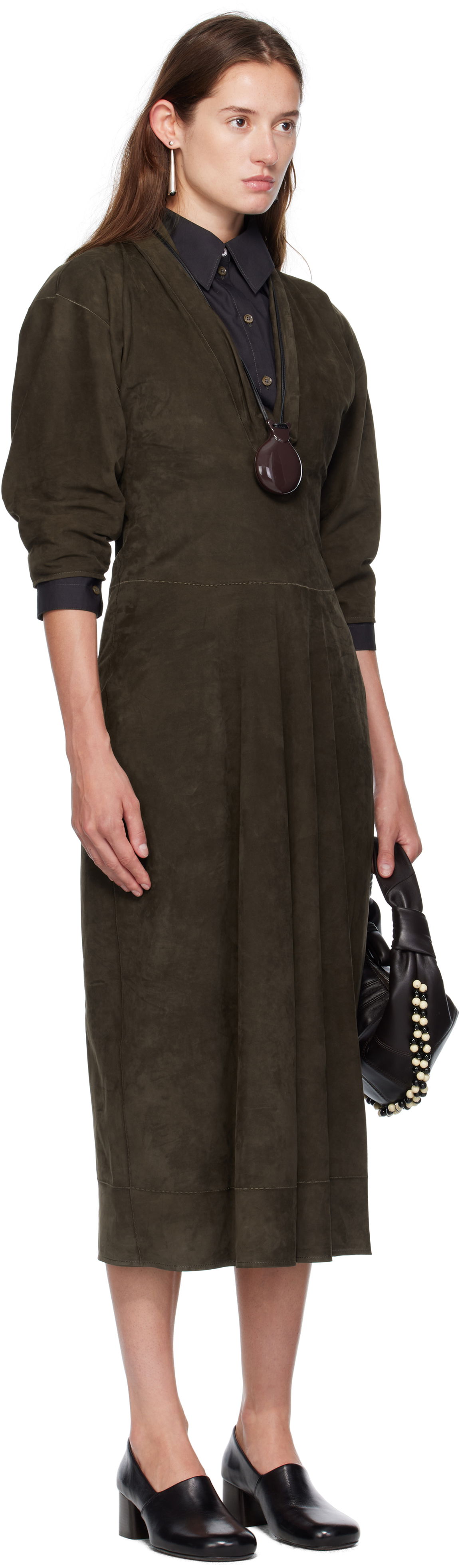 Kjole LEMAIRE Lemaire V-Neck Nubuck Midi Dress Grøn | DR1122 LL0148, 1