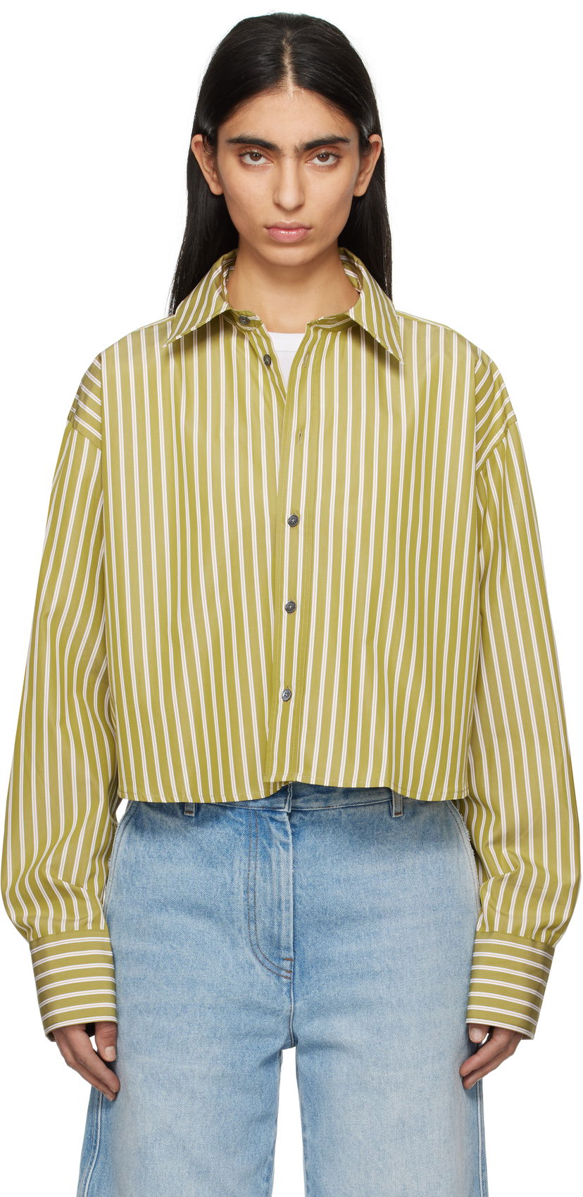 Skjorte AMI AMI Paris Cropped Oversized Striped Shirt Grøn | USH121.CO0108