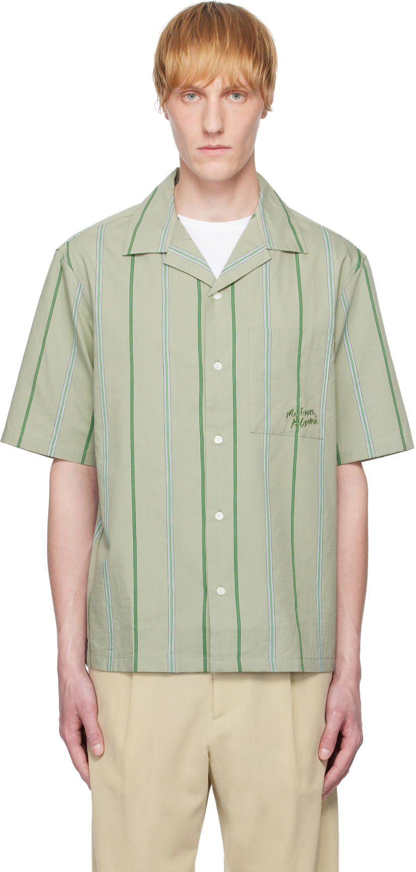 Skjorte MAISON KITSUNÉ Maison Kitsuné Resort Striped Shirt Grøn | OM00421WC5029