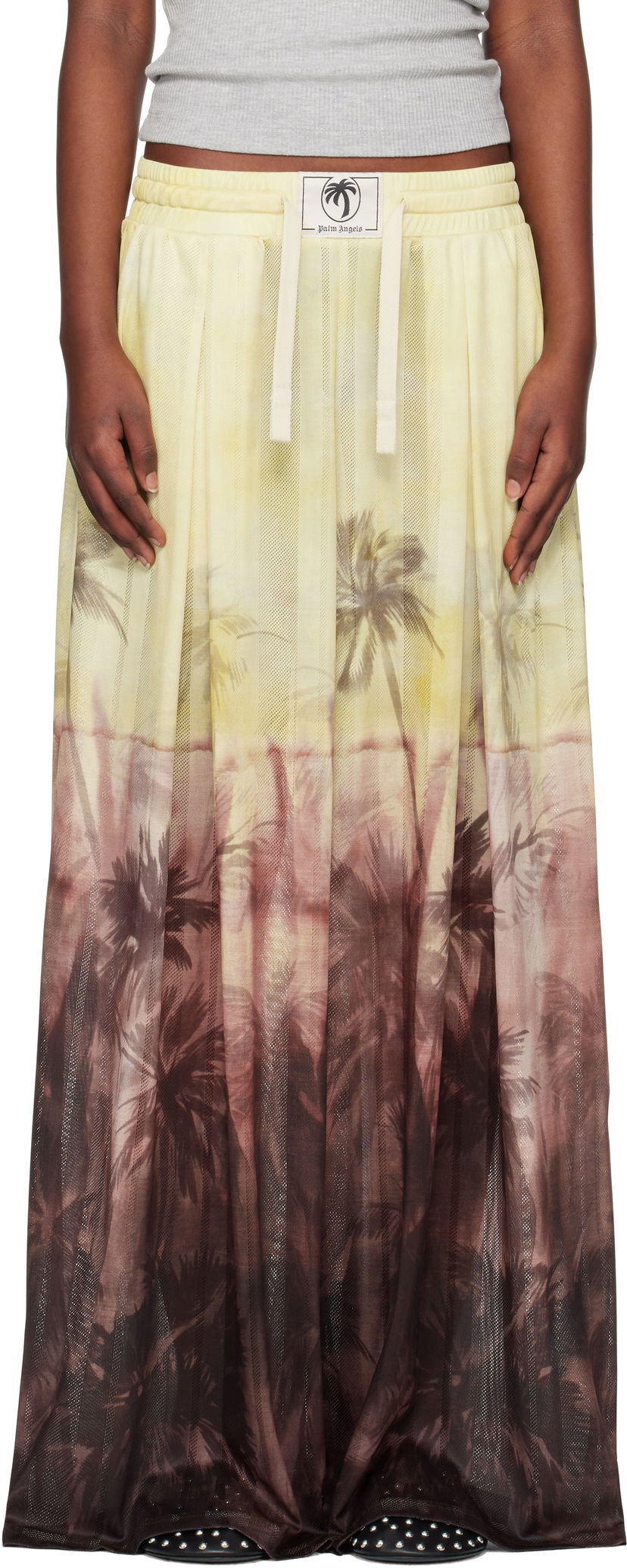 Nederdel Palm Angels Palm Angels Sunset Palms Mesh Trousers Gul | PWCA154S25FAB0012010