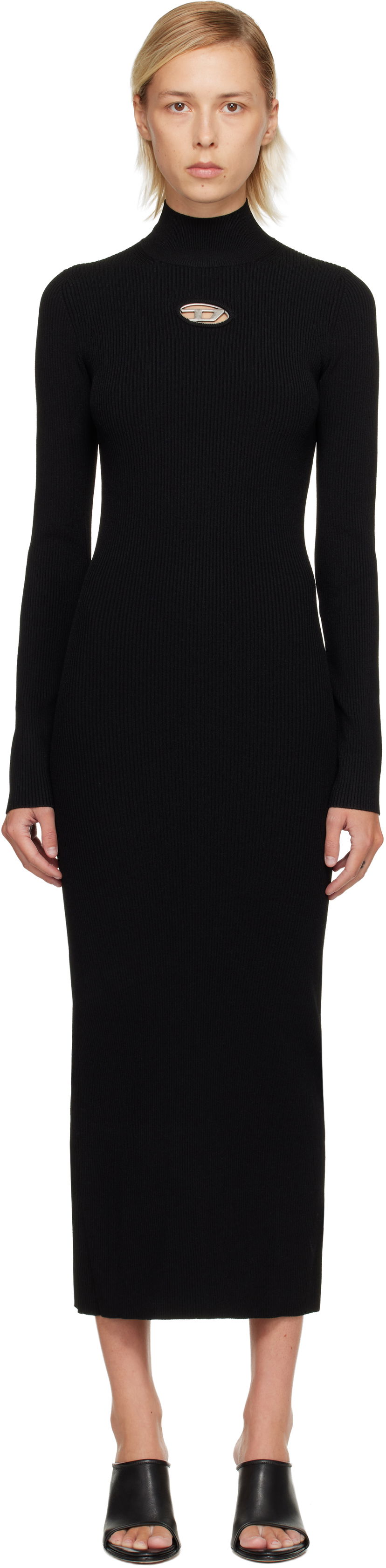 Kjole Diesel Ribbed knit long-sleeve mock neck maxi dress with metallic cut-out Sort | A14186 0DLAX