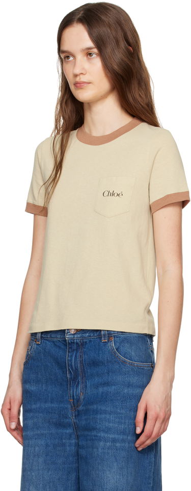 T-shirt CHLOÉ Chloé Crew Neck Logo Pocket T-Shirt Beige | CH25UJH04187, 3