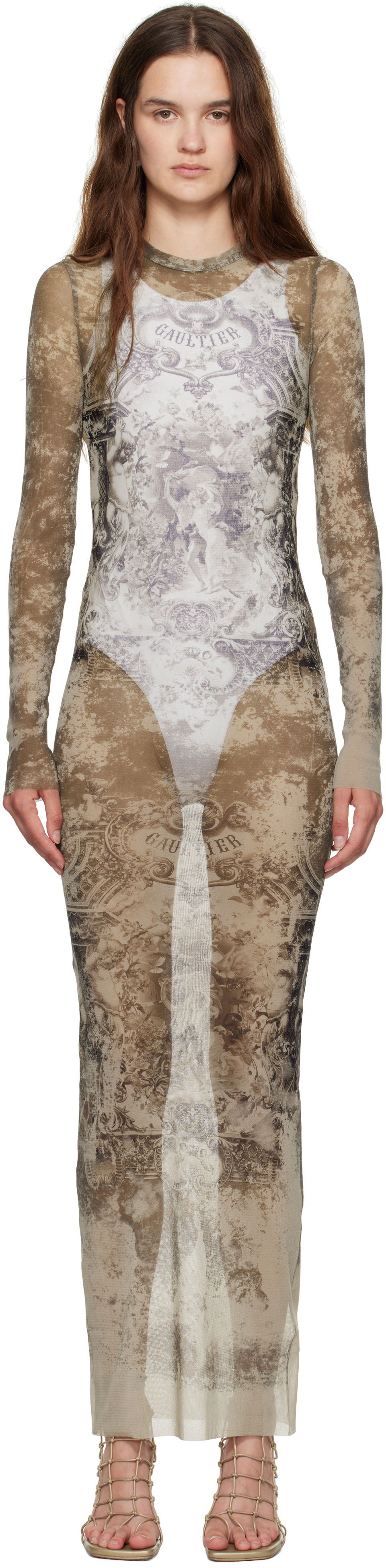 Kjole Jean Paul Gaultier Jean Paul Gaultier 'The Long Médaillon' Mesh Maxi Dress Beige | 25/03-W-DR023-M006P-6965, 0