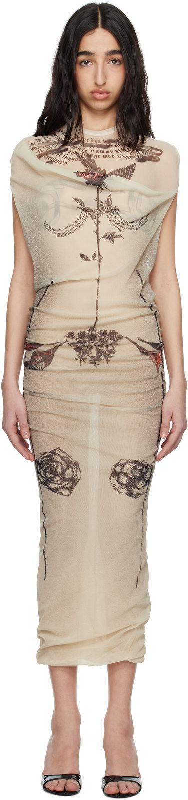 Kjole Jean Paul Gaultier Jean Paul Gaultier 'The Tattoo Rose and Bird' Maxi Dress Beige | 25/34-F-RO386-T583-030030, 0