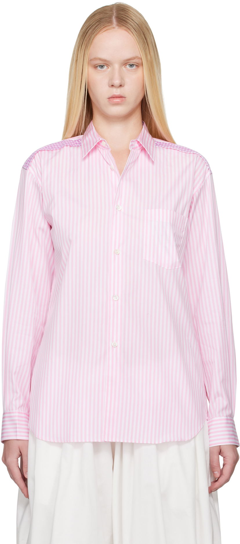 Skjorte Comme des Garçons Comme des Garçons Striped Gingham Trim Shirt Lyserød | FO-B022-S25
