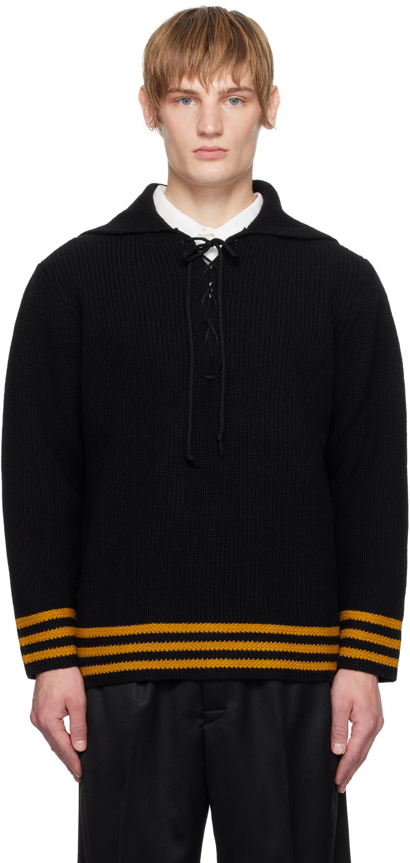 Sweater Bode Striped Lace-Up Collar Knit Sweater Sort | MRF24KT022