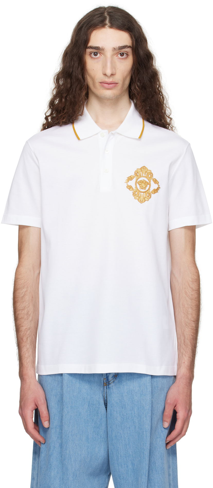 Polo skjorte Versace Versace Embroidered Architectural Baroque Polo Hvid | 1013906_1A14973