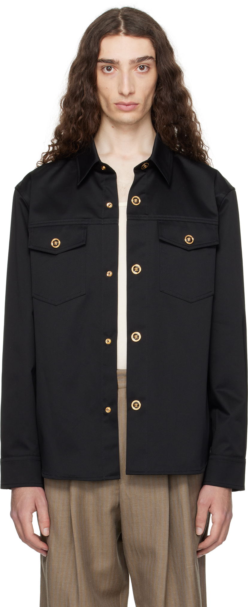 Skjorte Versace Versace Gabardine Overshirt Sort | 1017413_1A01718