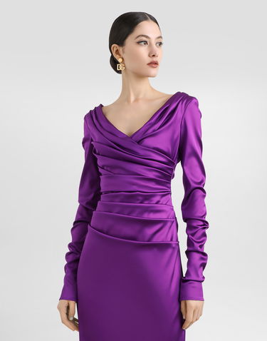 Kjole Dolce & Gabbana Dolce & Gabbana Stretch Satin Longuette Dress Lilla | F6DJFTFURHMF0571, 3