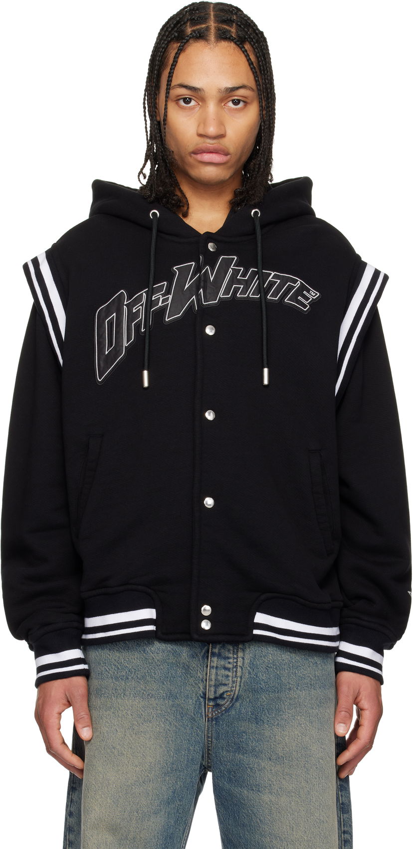 Sweatshirt Off-White Fleece Varsity Bomber Jacket with Hood Sort | OMEK003S25JER0021040