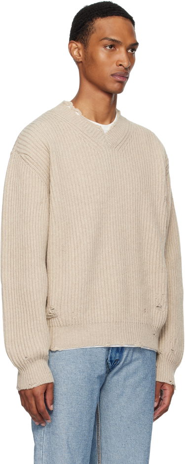 Sweater Maison Margiela MM6 Maison Margiela Ribbed Wool Knit V-Neck Sweater Brun | SH0HN0003 M13138, 4
