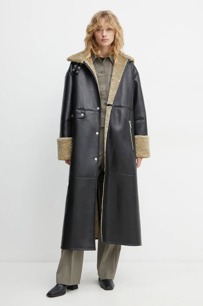 Frakker Nanushka LIESEL Black Leather Coat Sort | NW24FWOW38370