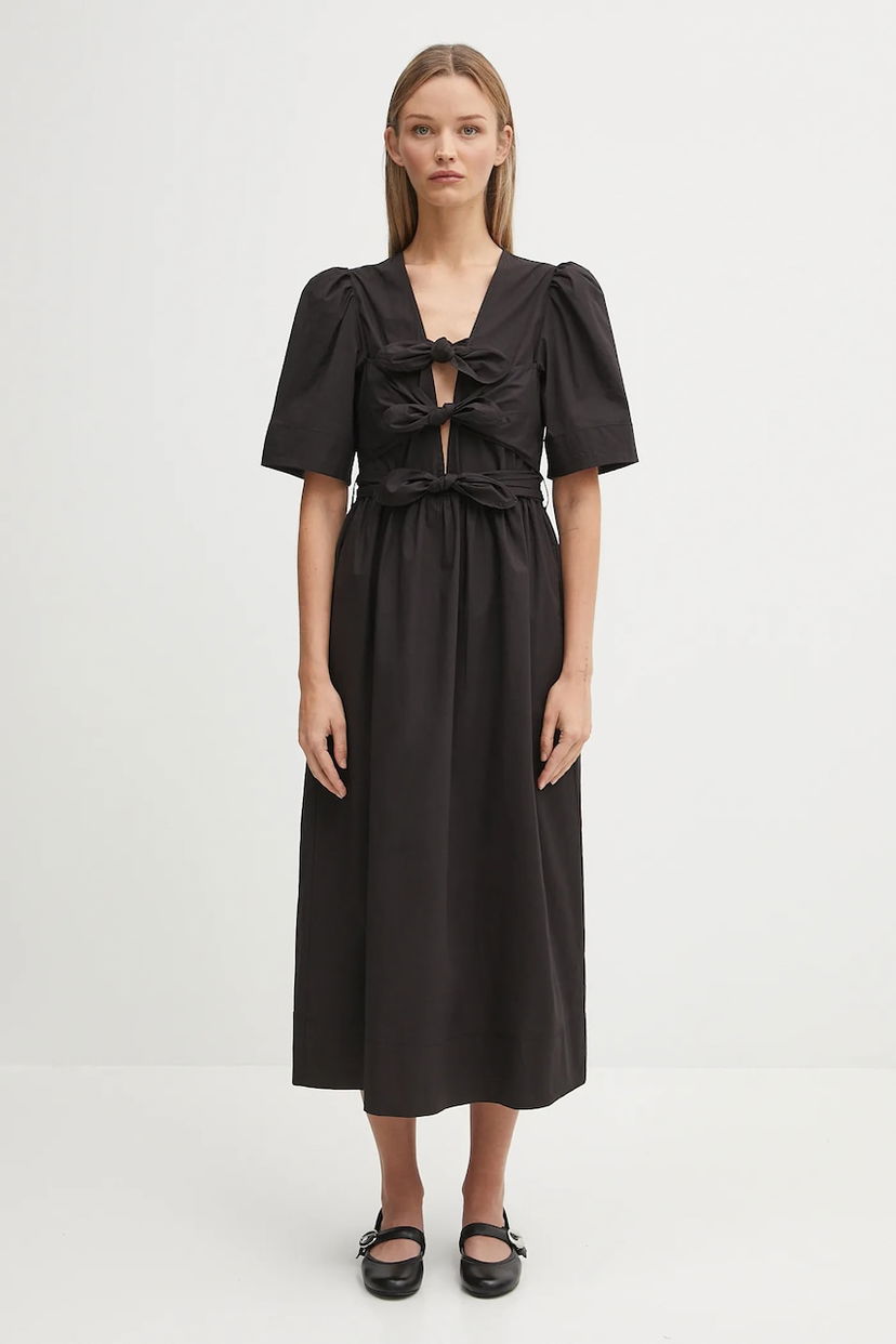 Kjole GANNI GANNI Stretch Cotton Tie Strap Midi Dress Sort | W0842