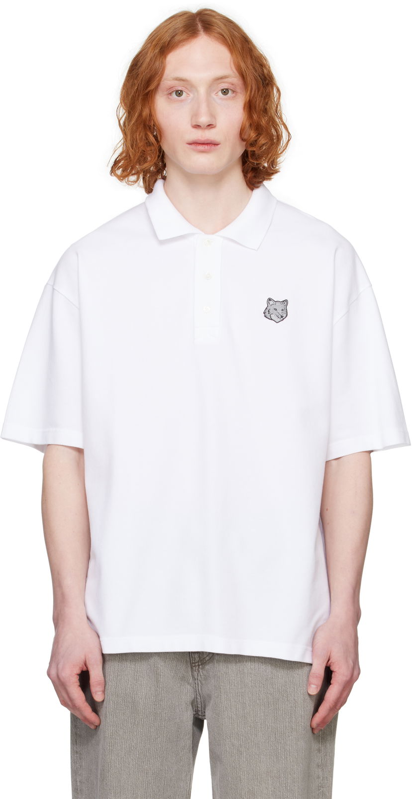 Polo skjorte MAISON KITSUNÉ Maison Kitsuné Fox Head Patch Oversize Polo Hvid | OM00213KJ7010