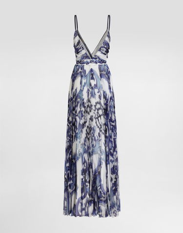 Kjole Dolce & Gabbana Dolce & Gabbana Majolica-Print Pleated Chiffon Dress Blå | I6KH6WFSSK7HX3TN, 1