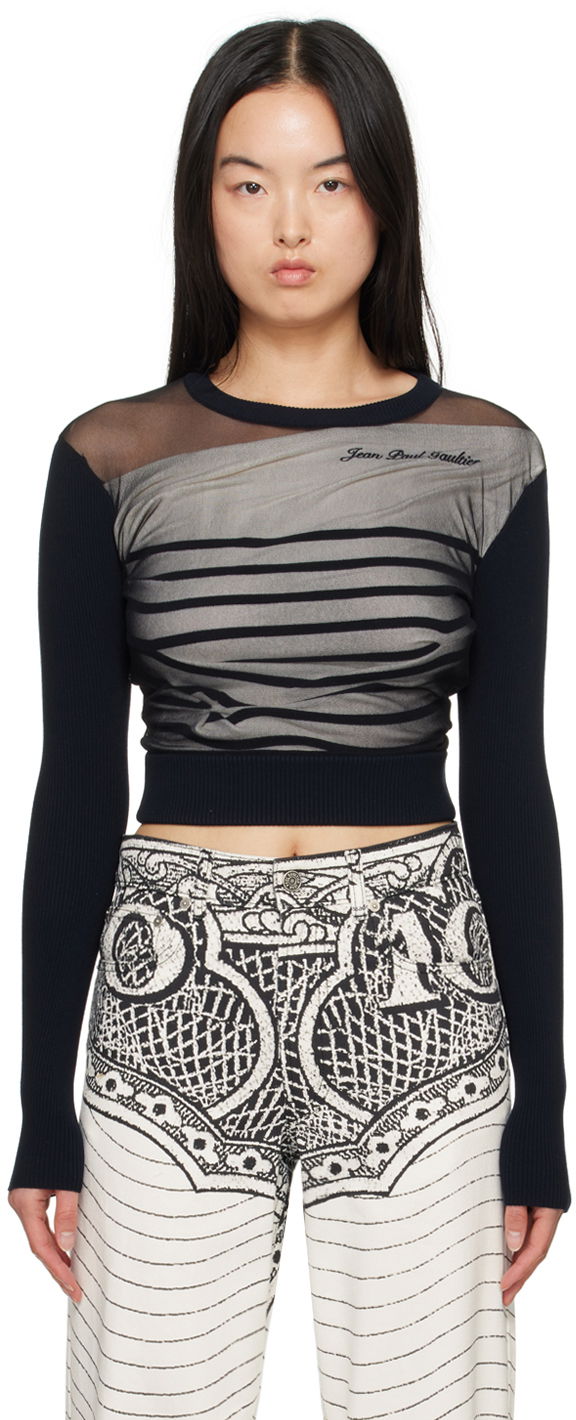 Sweater Jean Paul Gaultier Gaultier 'The Marinière' Striped Mesh Top Sort | 24/25-F-PL047B-M064-590100