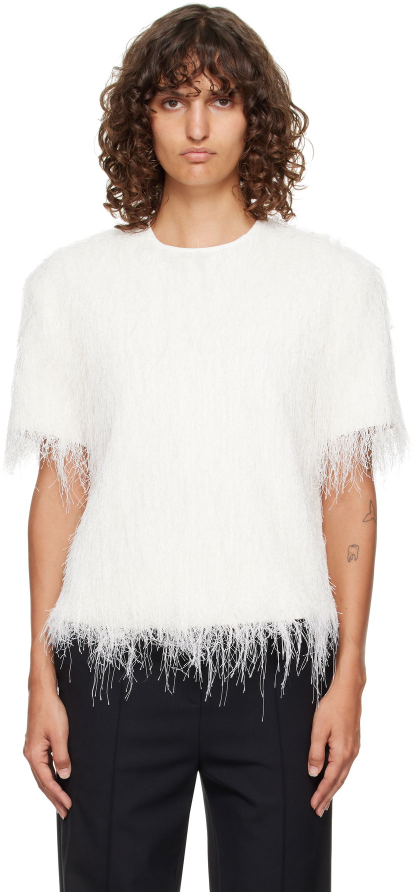 T-shirt Loulou de Saison Loulou de Saison Zaro Fringed T-Shirt Hvid | ZARO