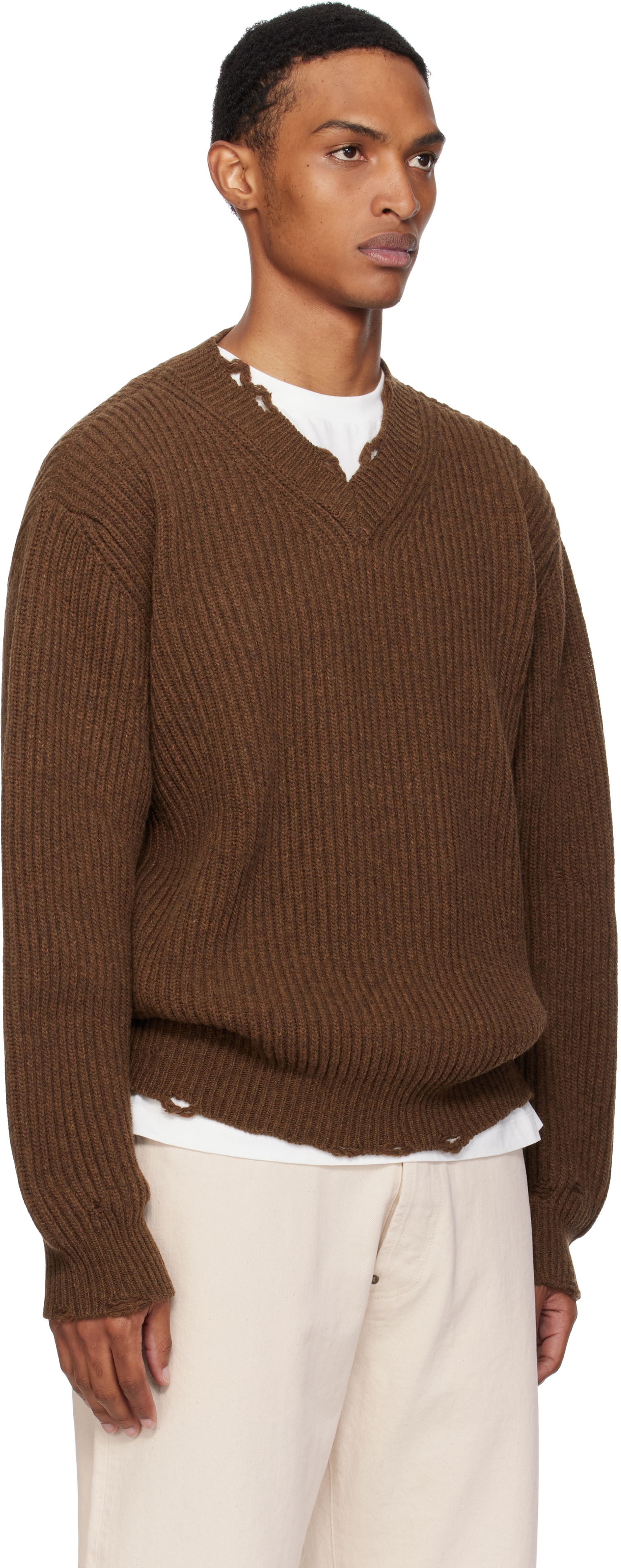 Sweater Maison Margiela MM6 Maison Margiela Ribbed Wool Knit V-Neck Sweater Brun | SH0HN0003 M13138, 1