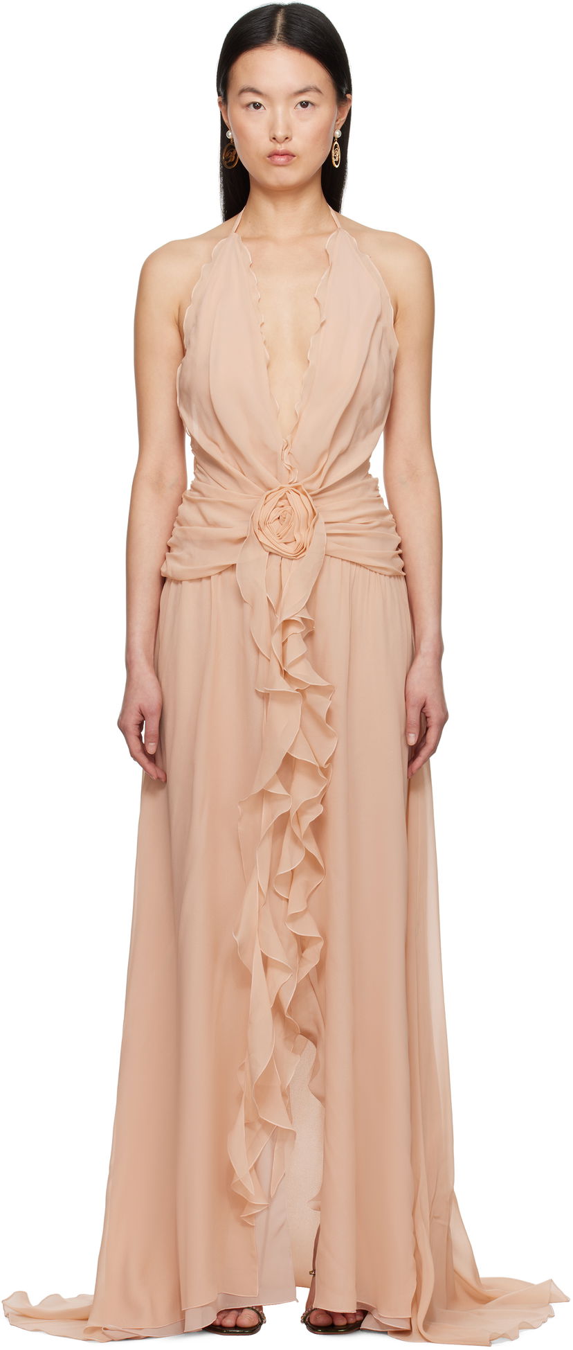 Kjole Blumarine Blumarine Georgette Maxi Dress with Ruffle Detail Beige | P522A568A