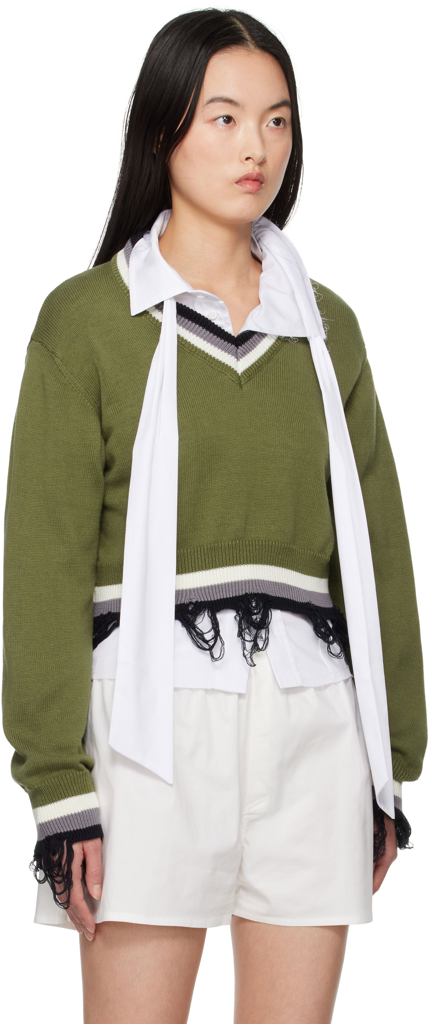 Sweater Ottolinger Ottolinger Cropped V-Neck Sweater Grøn | 10710150701, 1