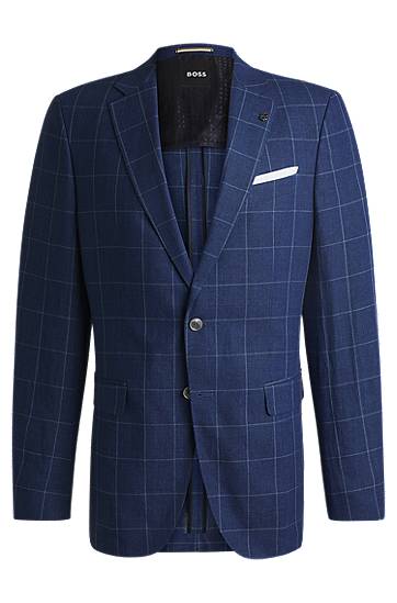 Jakke BOSS BOSS Slim-Fit Checked Linen-Blend Jacket Blå | 50540502