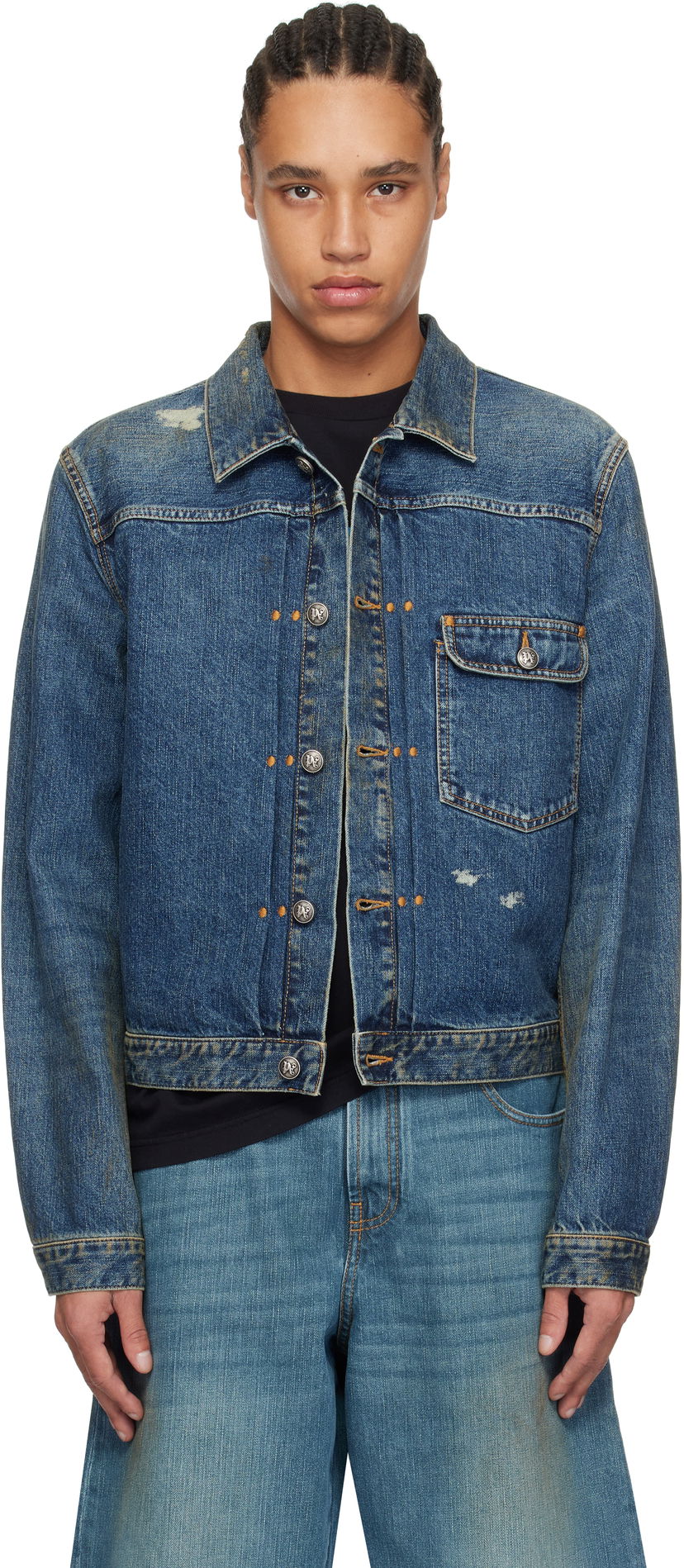 Jakke Palm Angels Palm Angels Curved Logo Denim Jacket Blå | PMYE055S25DEN0014540