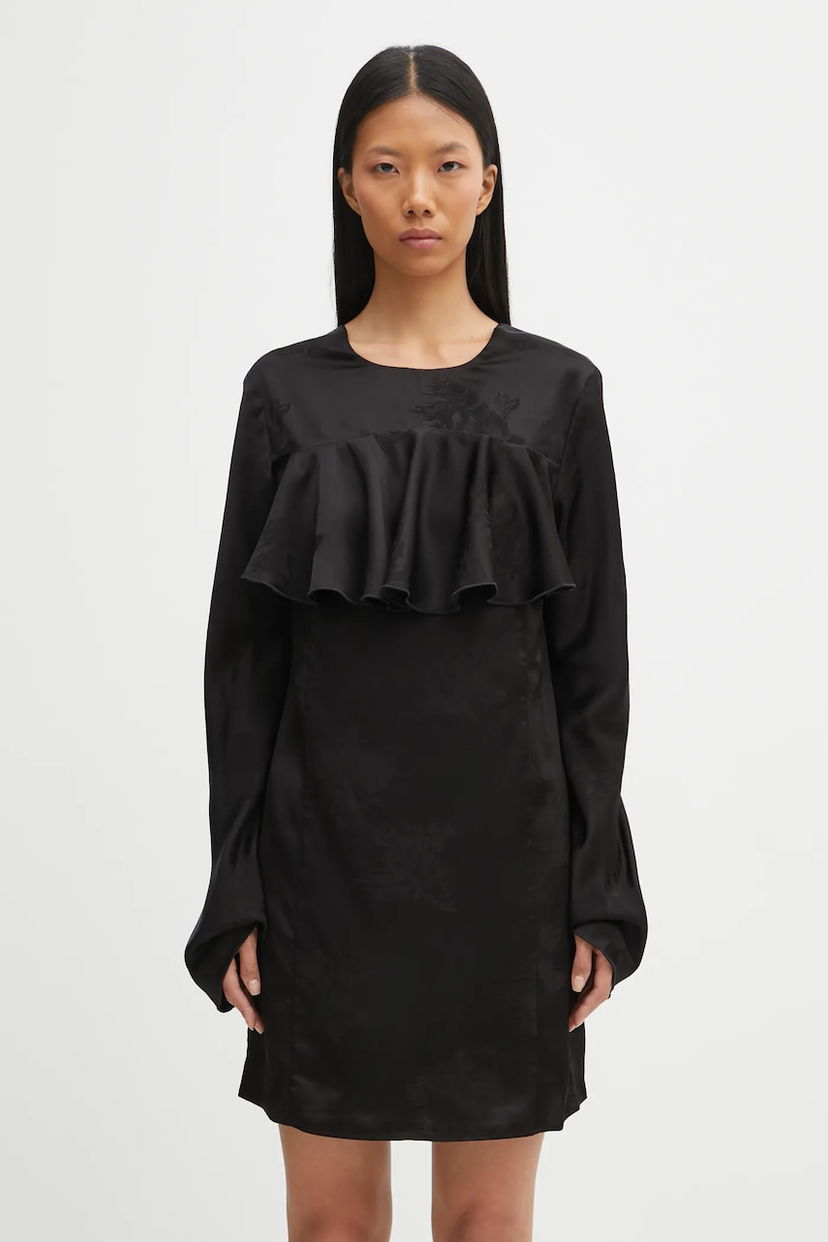 Kjole GANNI Fluid Satin Jacquard Mini Ruffle Mini Dress Sort | W0792