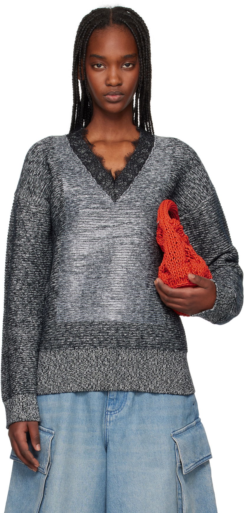 Sweater JW Anderson JW Anderson V-Neck Lace Trim Sweater Grå | KW1400-YN0402
