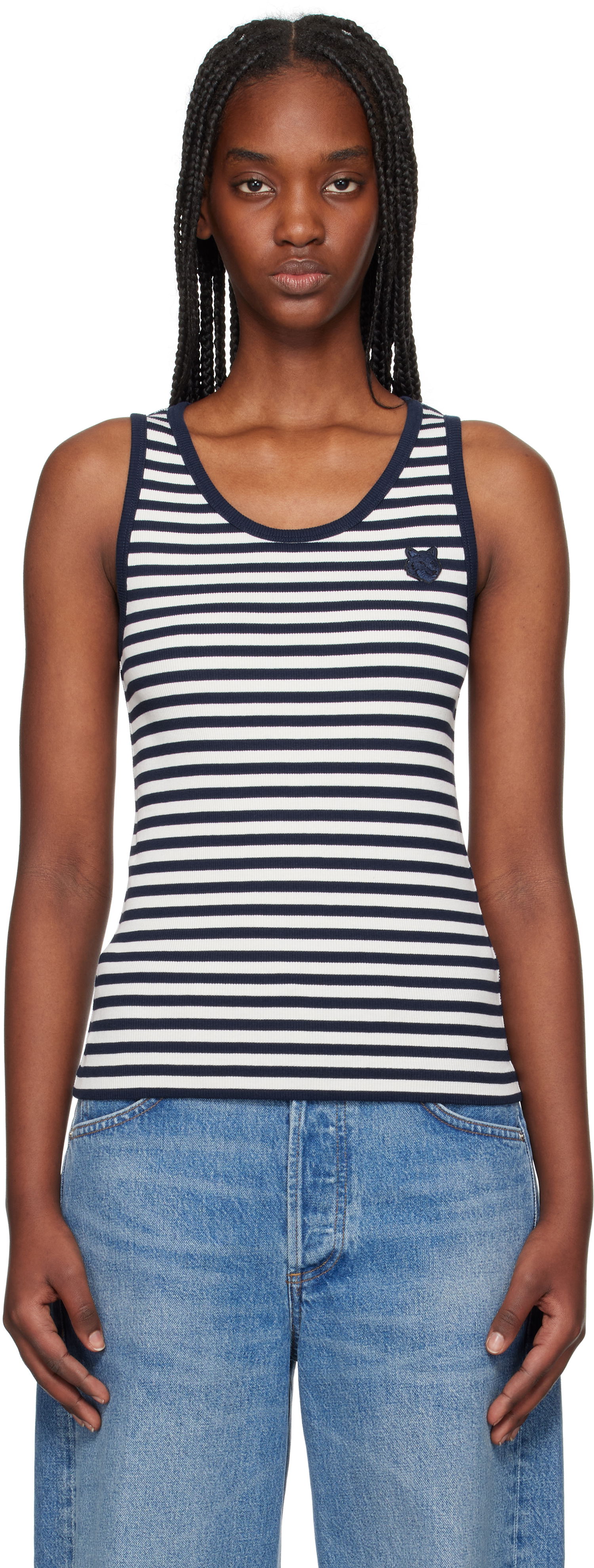 Tanktop MAISON KITSUNÉ Maison Kitsuné Fox Patch Striped Ribbed Tank Top Hvid | OW00609KA0028, 0