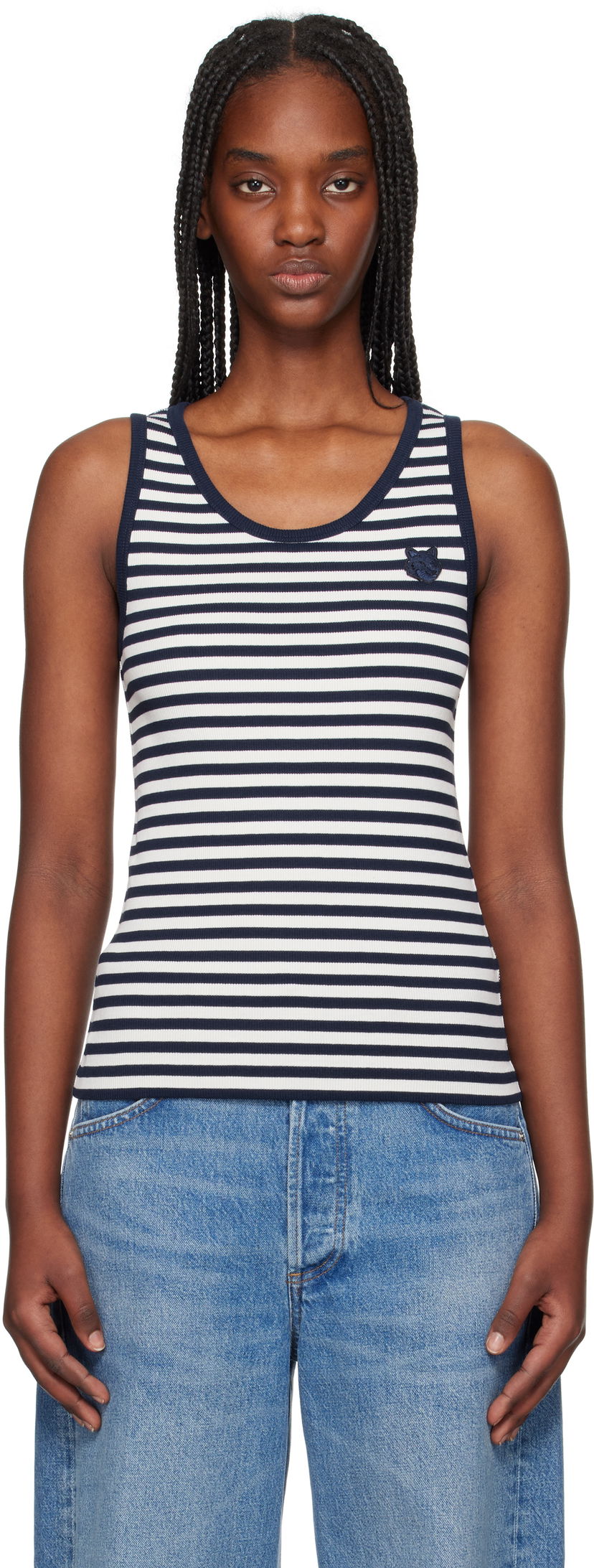 Tanktop MAISON KITSUNÉ Maison Kitsuné Fox Patch Striped Ribbed Tank Top Hvid | OW00609KA0028