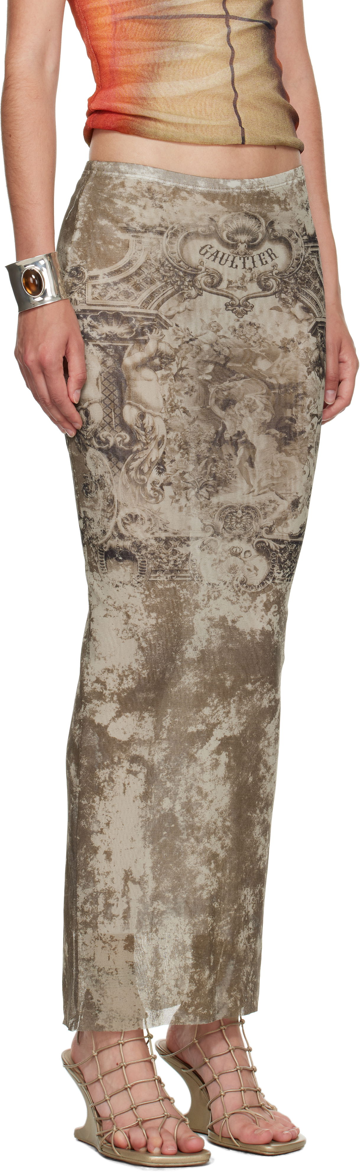 Nederdel Jean Paul Gaultier Jean Paul Gaultier Long Medailon Print Mesh Midi Skirt Beige | 25/03-W-SK005-M006P-6965, 1