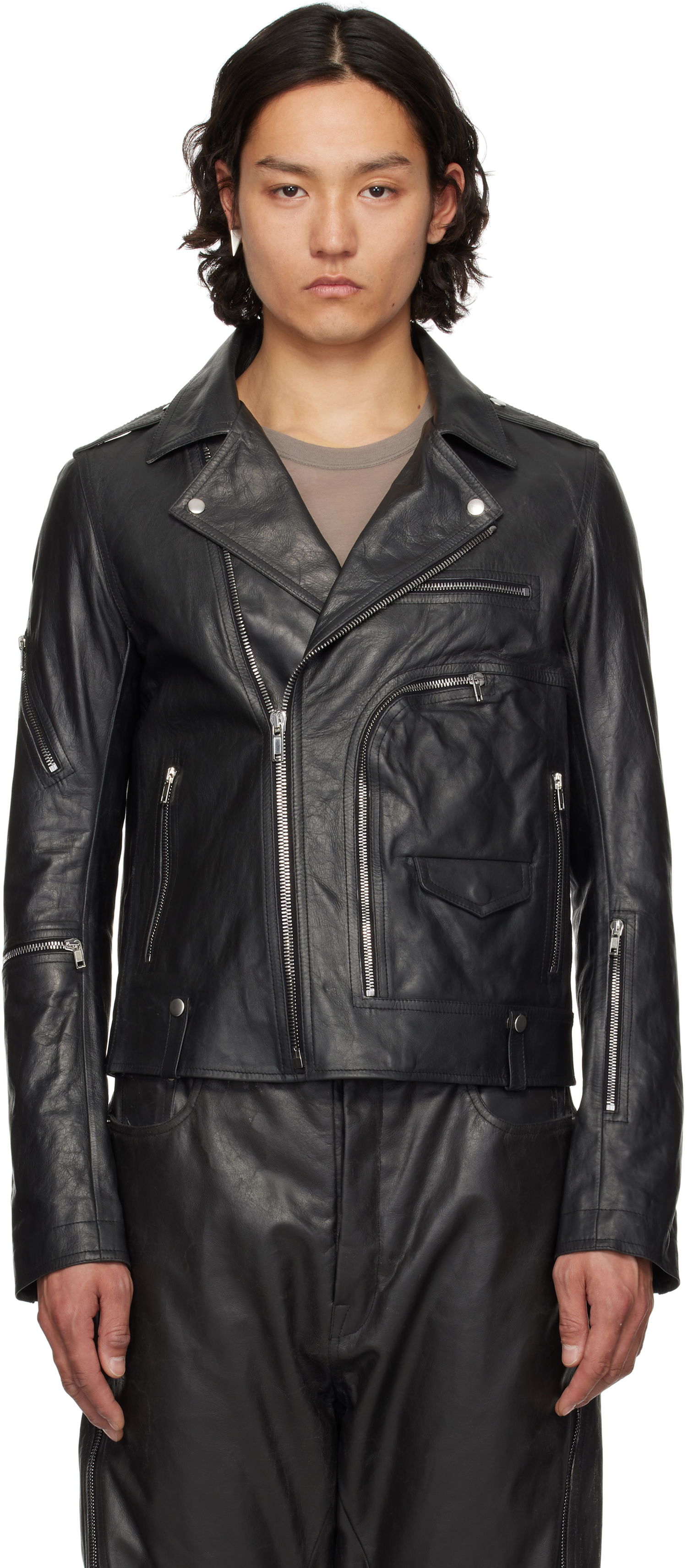 Jakke Rick Owens Rick Owens Hollywood Bauhaus Stooges Leather Jacket Sort | RU01E5765 LTP, 0