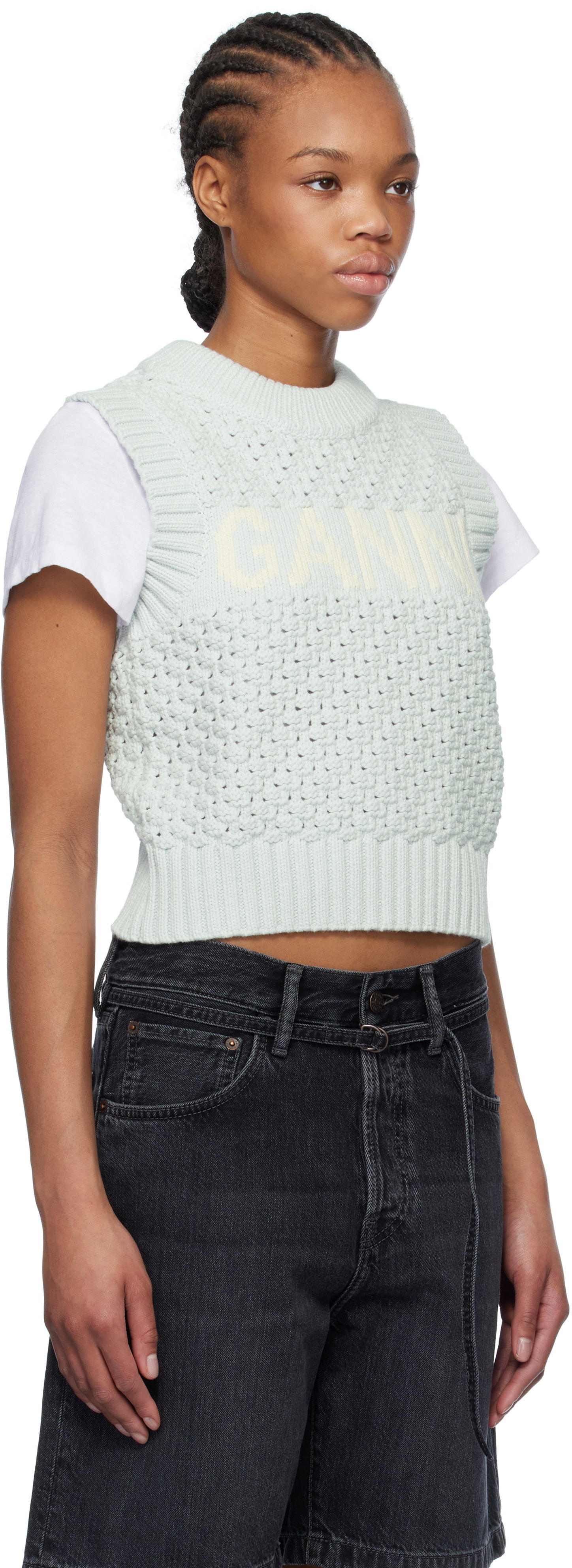 Sweater GANNI GANNI Textured Cotton Knit Vest Grøn | K2348, 1