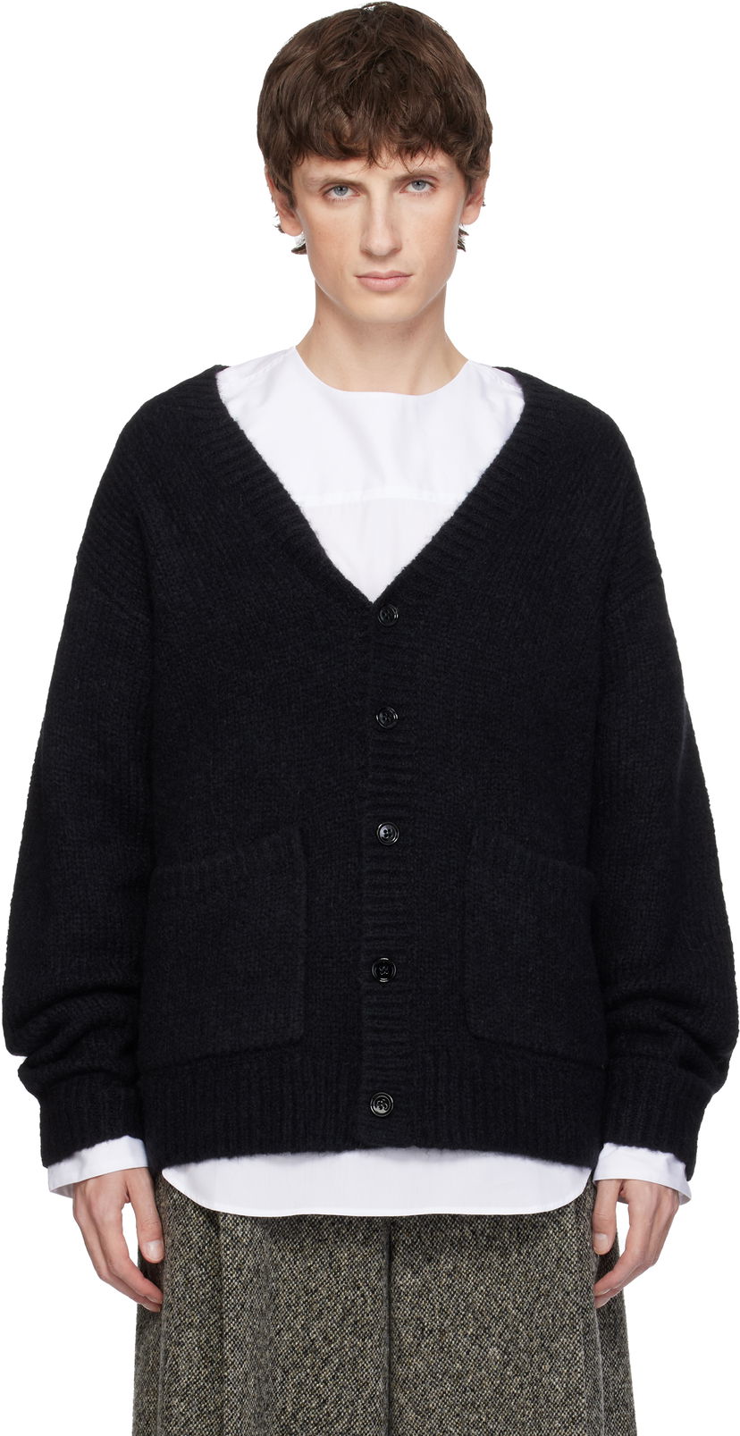 Sweater Dries Van Noten Dries Van Noten Alpaca & Merino Wool V-Neck Button-Front Cardigan with Pockets Sort | 252-021224-2709