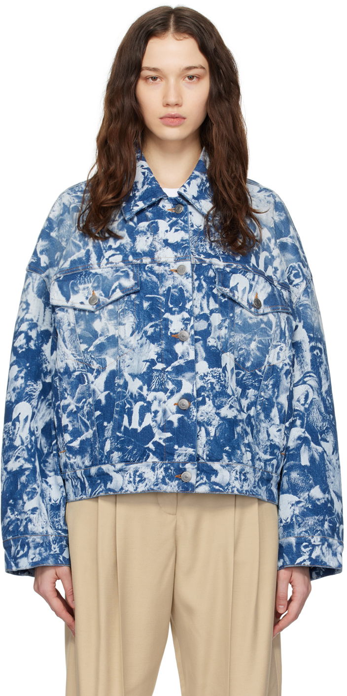 Jakke Stella McCartney Stella McCartney Animal Crowd Print Denim Jacket Blå | 6D01973SPH65