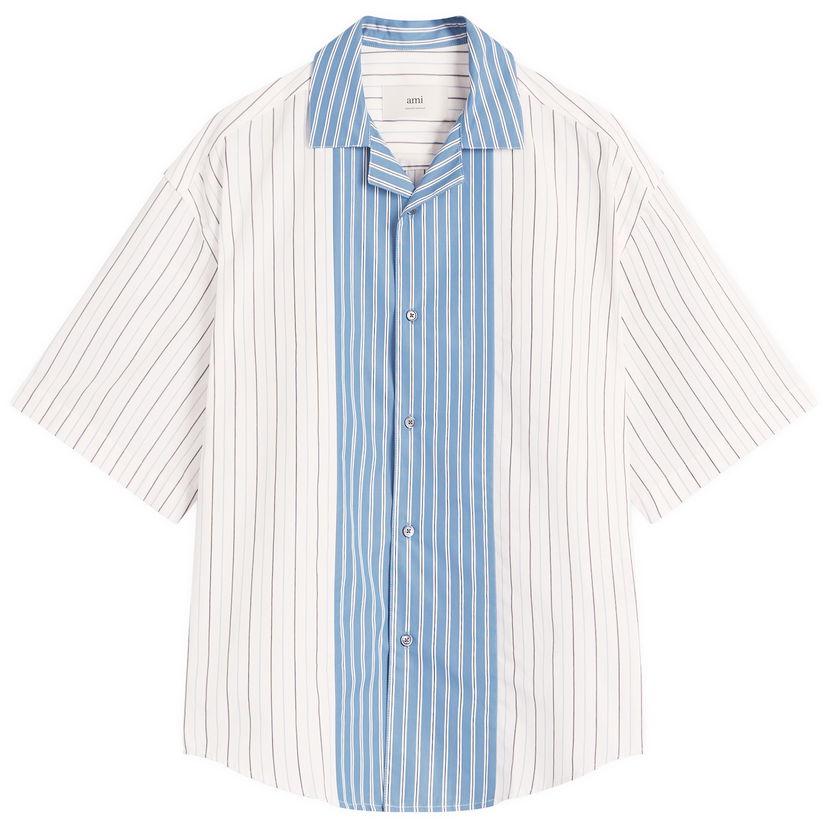Skjorte AMI AMI Paris Camp Collar Contrast Stripe Boxy Shirt, Size Large Blå | HSH286-CO0109-1892
