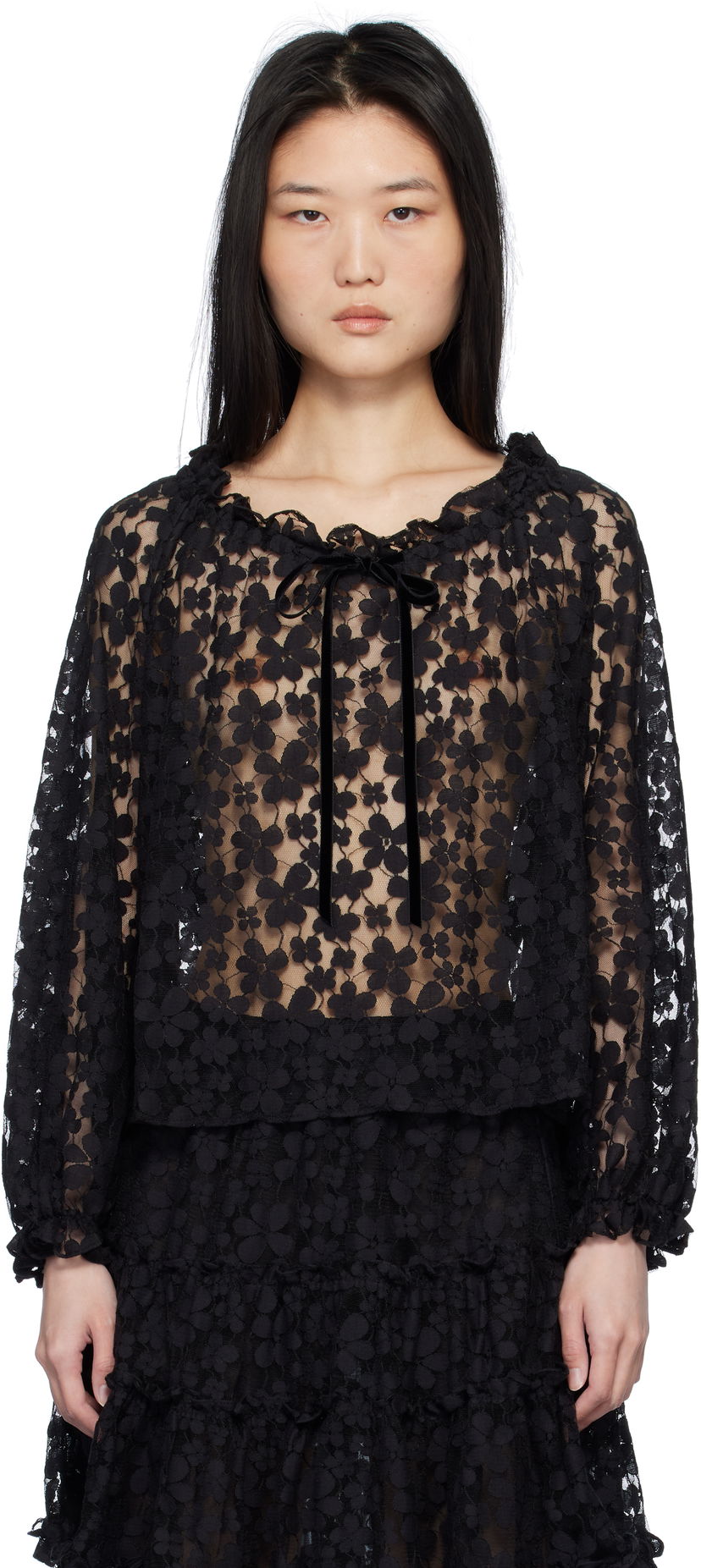 T-shirt Anna Sui Shadow Blossom Elastic Lace Blouse Sort | 1025M20