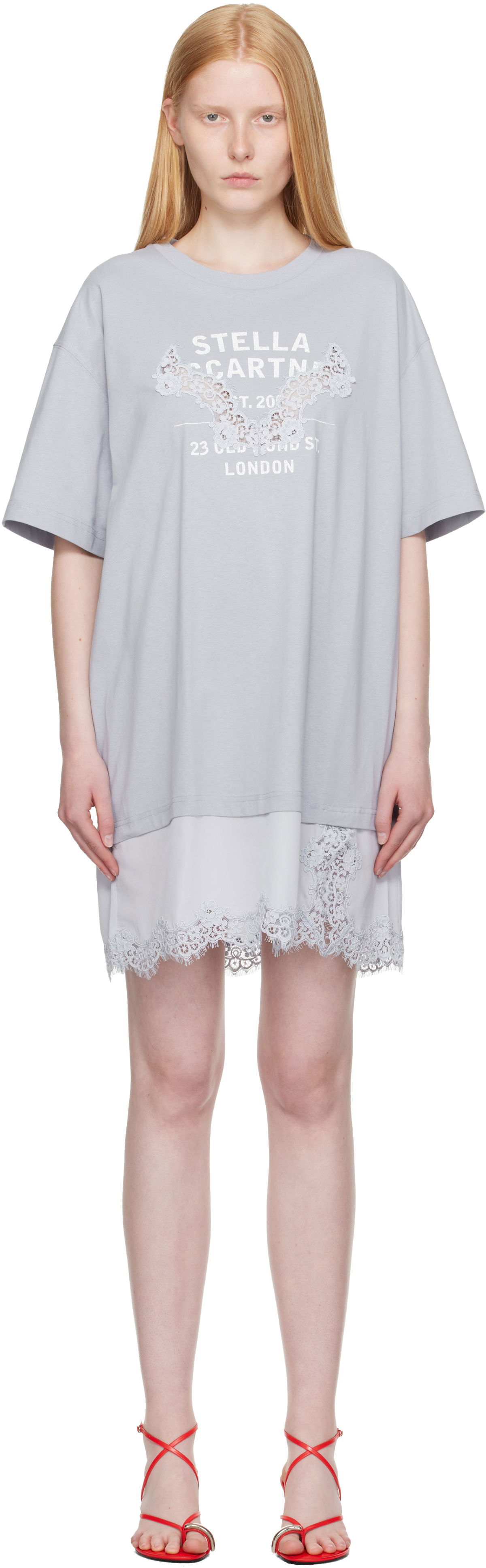 Kjole Stella McCartney Stella McCartney Lace-Insert Graphic T-Shirt Minidress Grå | 6J04063SPZ99, 0