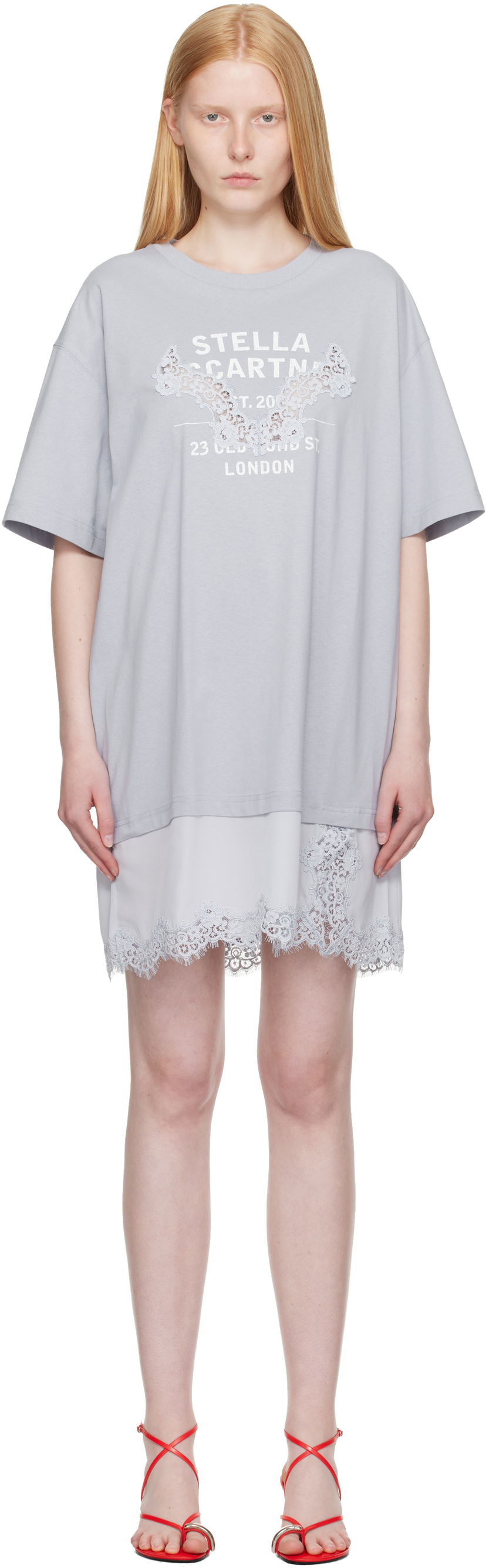 Kjole Stella McCartney Stella McCartney Lace-Insert Graphic T-Shirt Minidress Grå | 6J04063SPZ99