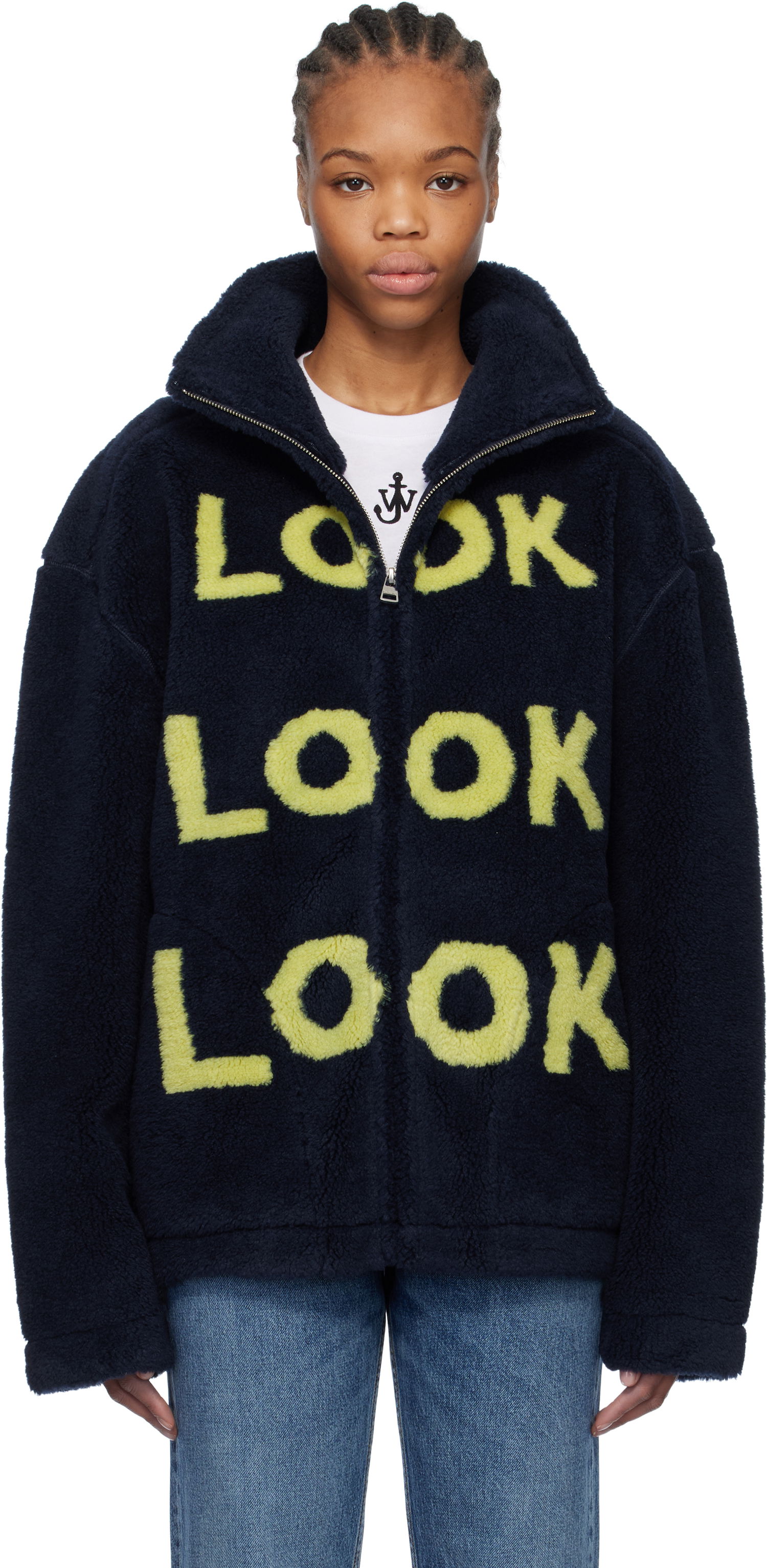 Bomberjakke JW Anderson JW Anderson 'Look Look Look' Fleece Zip-Up Jacket Mørkeblå | JK0375-PG1711, 0