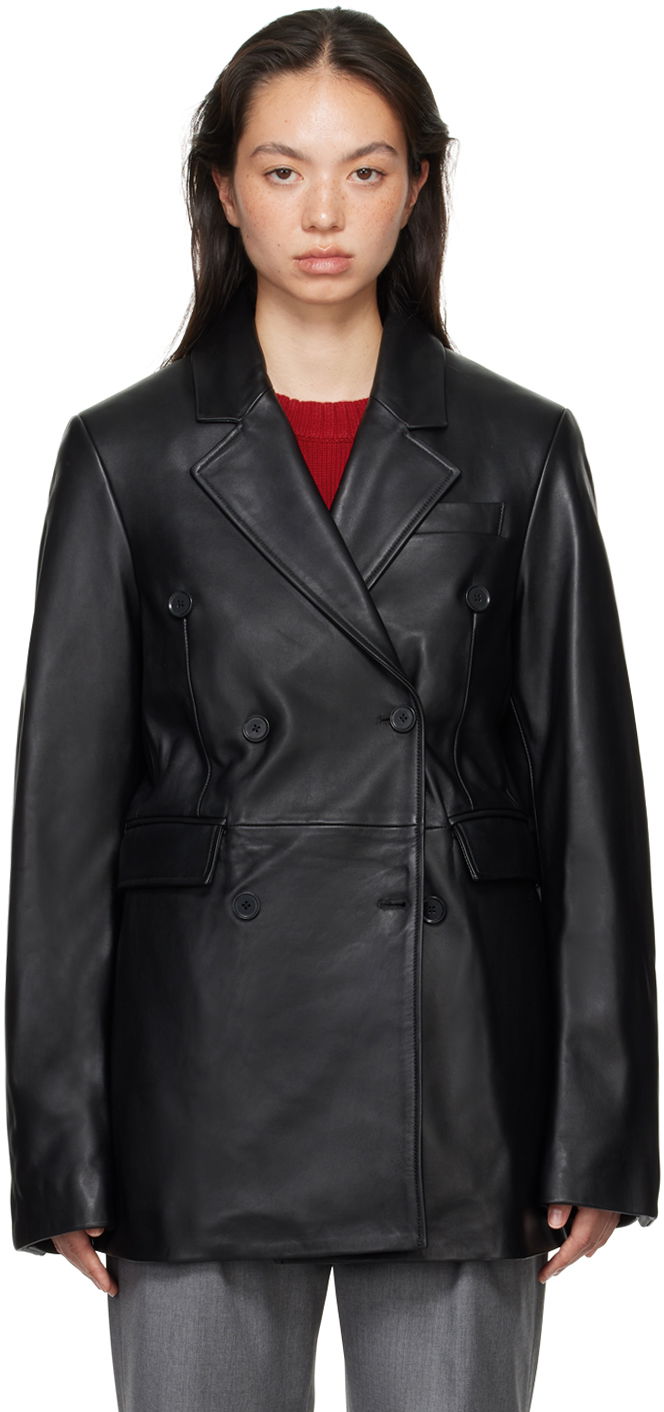 Jakke Loulou de Saison Loulou de Saison Benetra Double-Breasted Leather Blazer Sort | BENETRA