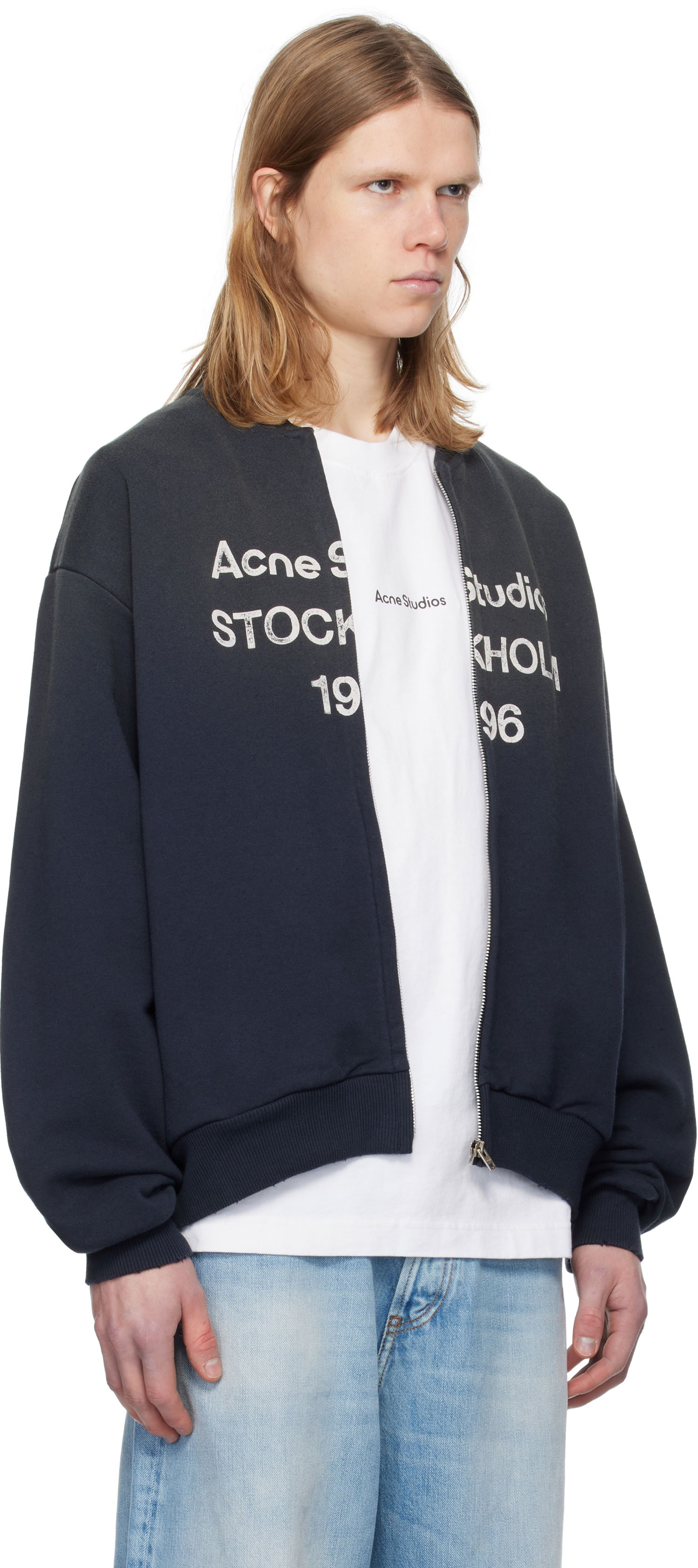Bomberjakke Acne Studios Acne Studios Logo Zip Sweater Mørkeblå | CI0189-, 1
