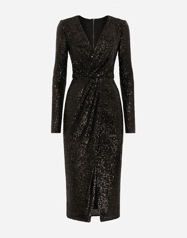 Kjole Dolce & Gabbana Sequin Calf-Length Dress Sort | F6DHFTFLUBWN0000, 0