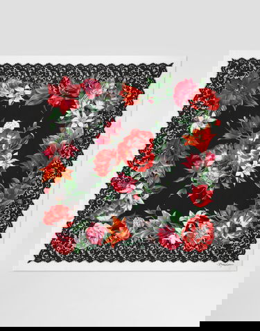 Tørklæde Dolce & Gabbana Dolce & Gabbana 90x90 Silk Twill Floral Print Square Scarf with Lace Border Flerfarvet | FN090RGDC7AHN5QV, 2