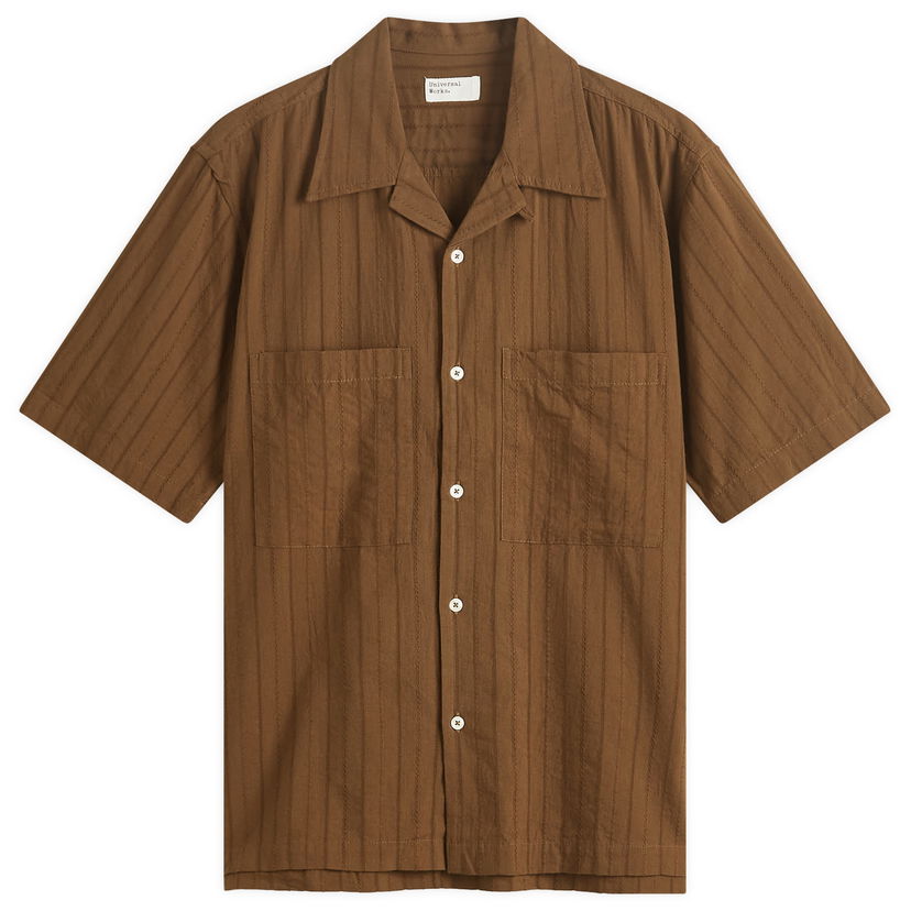 Skjorte Universal Works Dobby Self Stripe Camper Shirt, Size Large Brun | P32033-BRN
