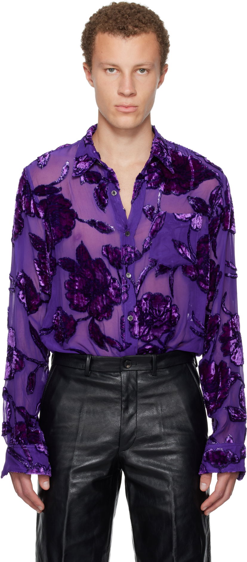 Skjorte Dries Van Noten Dries Van Noten Fitted Sheer Velvet Floral Shirt Lilla | 252-020702-2037