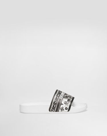 Tilbehør Dolce & Gabbana Dolce & Gabbana Majolica-Print Calfskin Slides Hvid | DD0318A1838IU3TN, 0