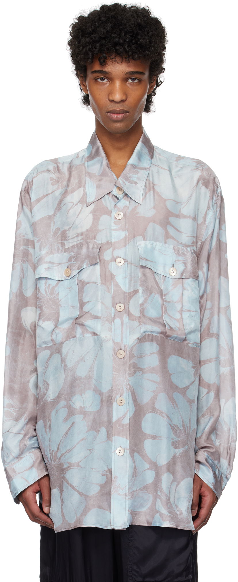 Skjorte Dries Van Noten Dries Van Noten Silk Floral-Print Shirt Blå | 251-020721-1202